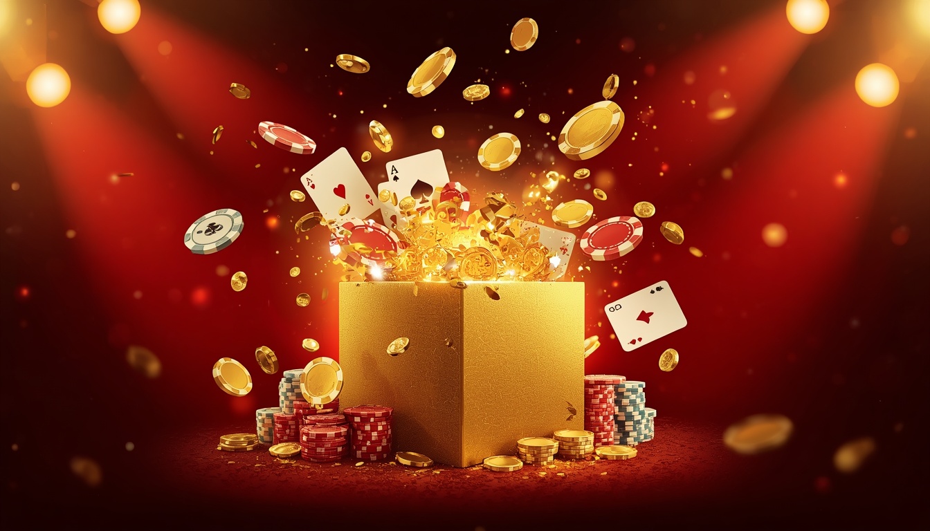 Golden gift box bursting with casino chips and coins