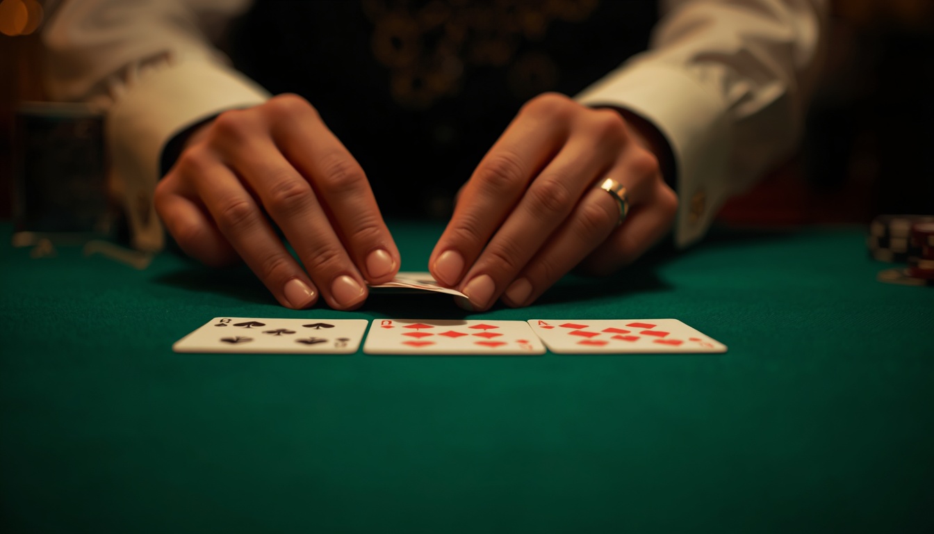 Dealer's hands shuffling cards on green felt table