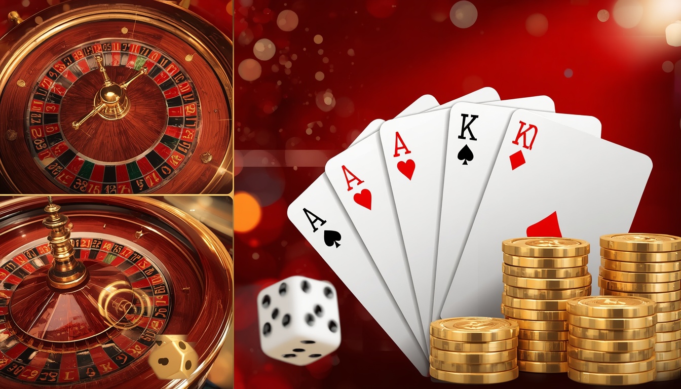 Collage of live casino games including roulette cards and dice