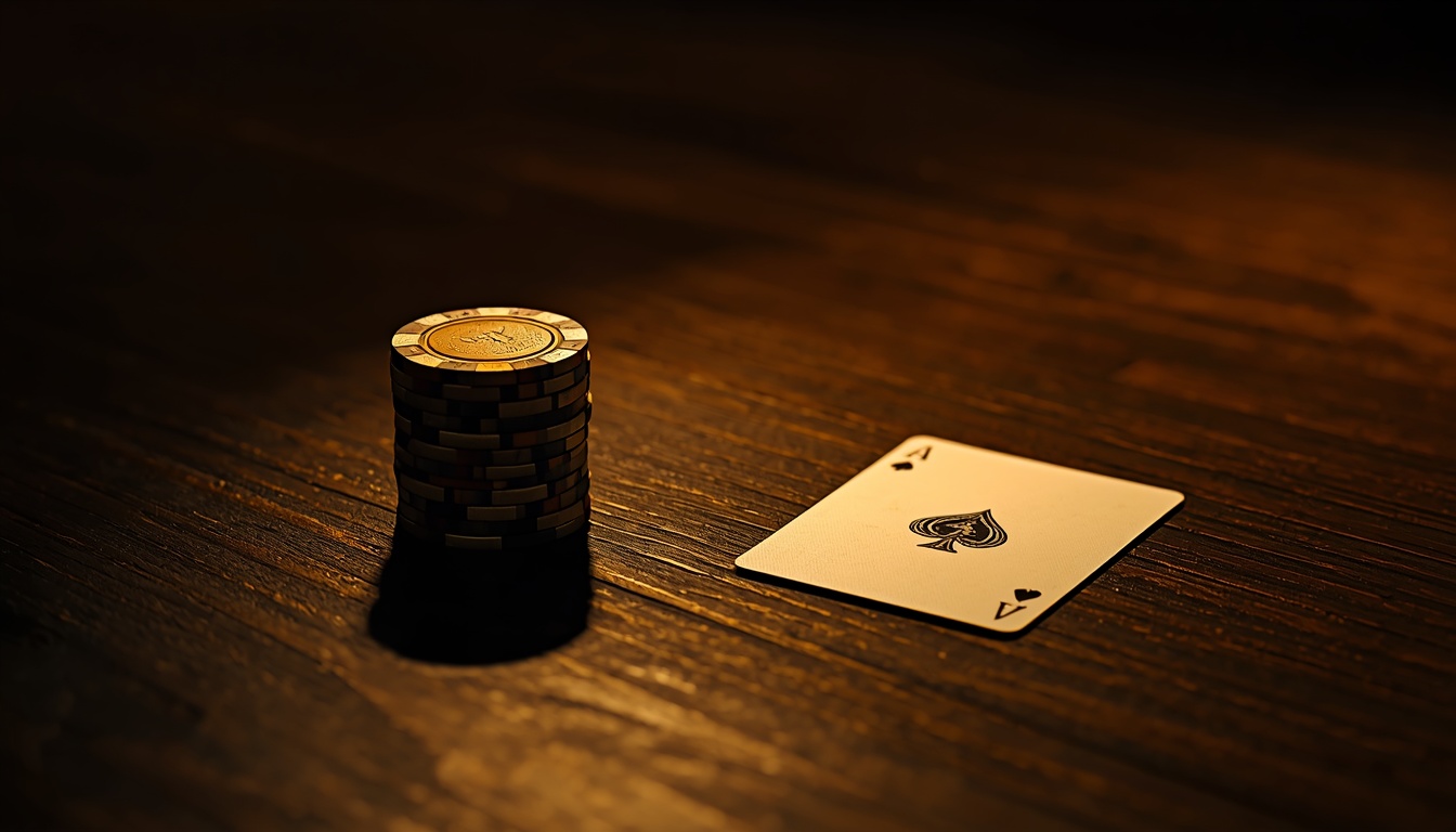 Stack of casino chips and playing card on wooden table