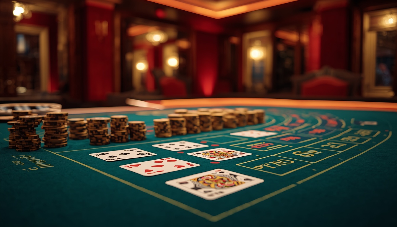 Luxurious live casino baccarat table with cards and gold chips
