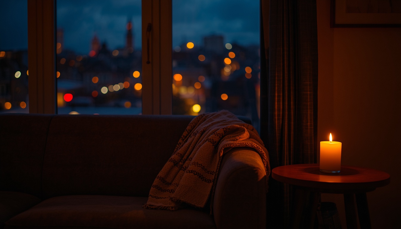 Relaxed evening scene with sofa, blanket and candle