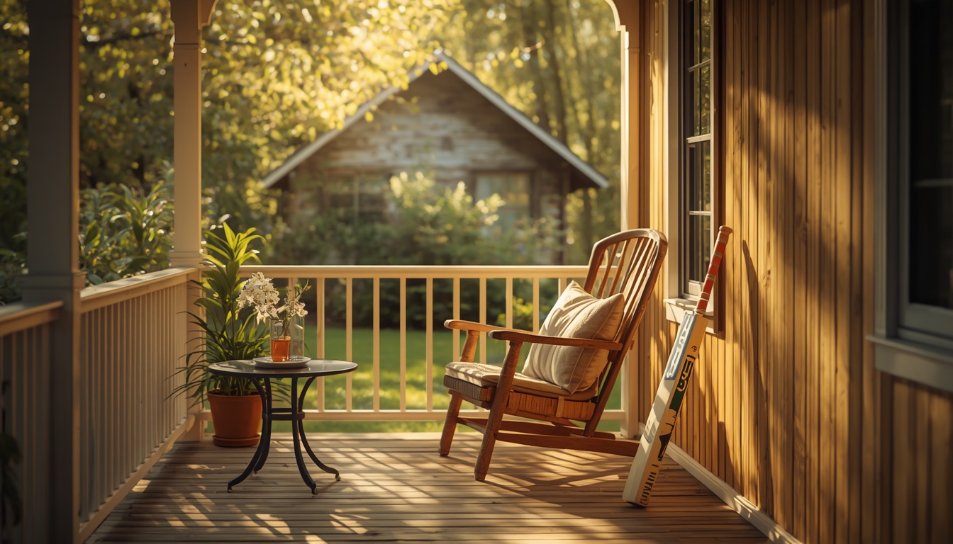 Cozy sunlit porch with a chair and cricket bat