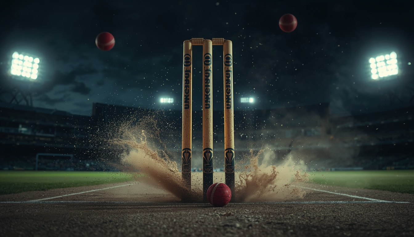 Cricket stumps and bails flying apart as ball strikes them