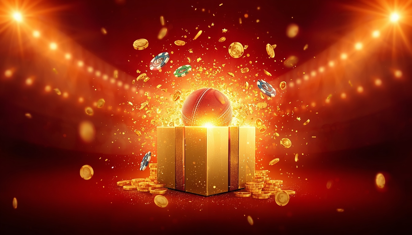 Golden gift box bursting with cricket ball and coins