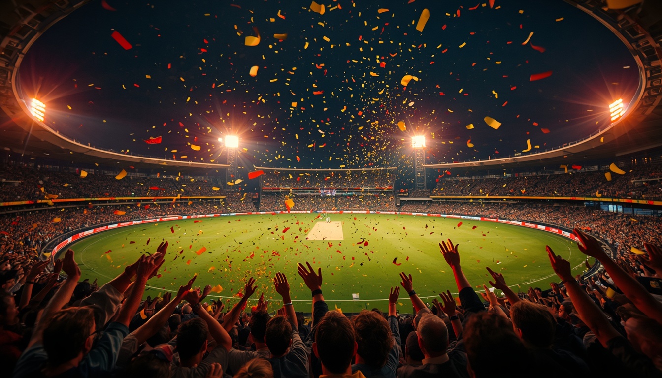 Joyful crowd celebrating in a packed cricket stadium at night