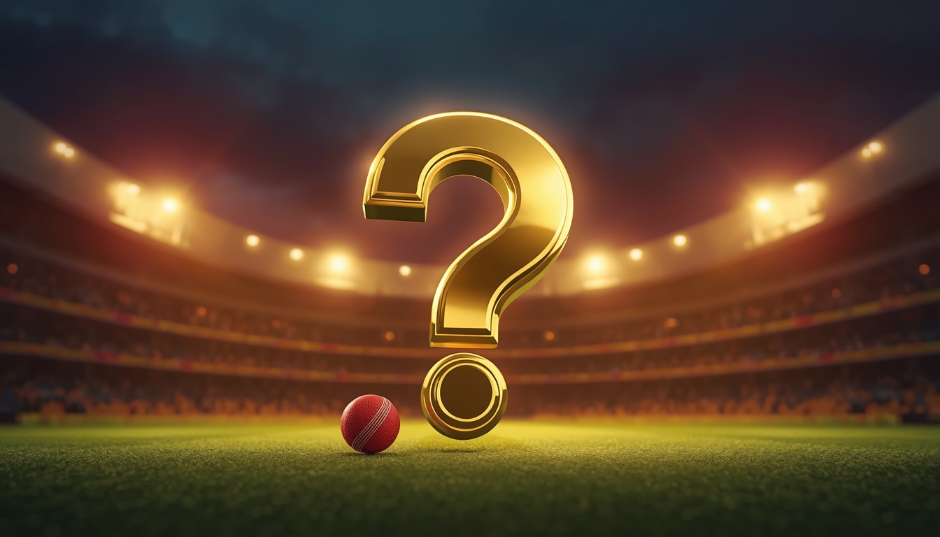 Glowing golden question mark above a cricket stadium