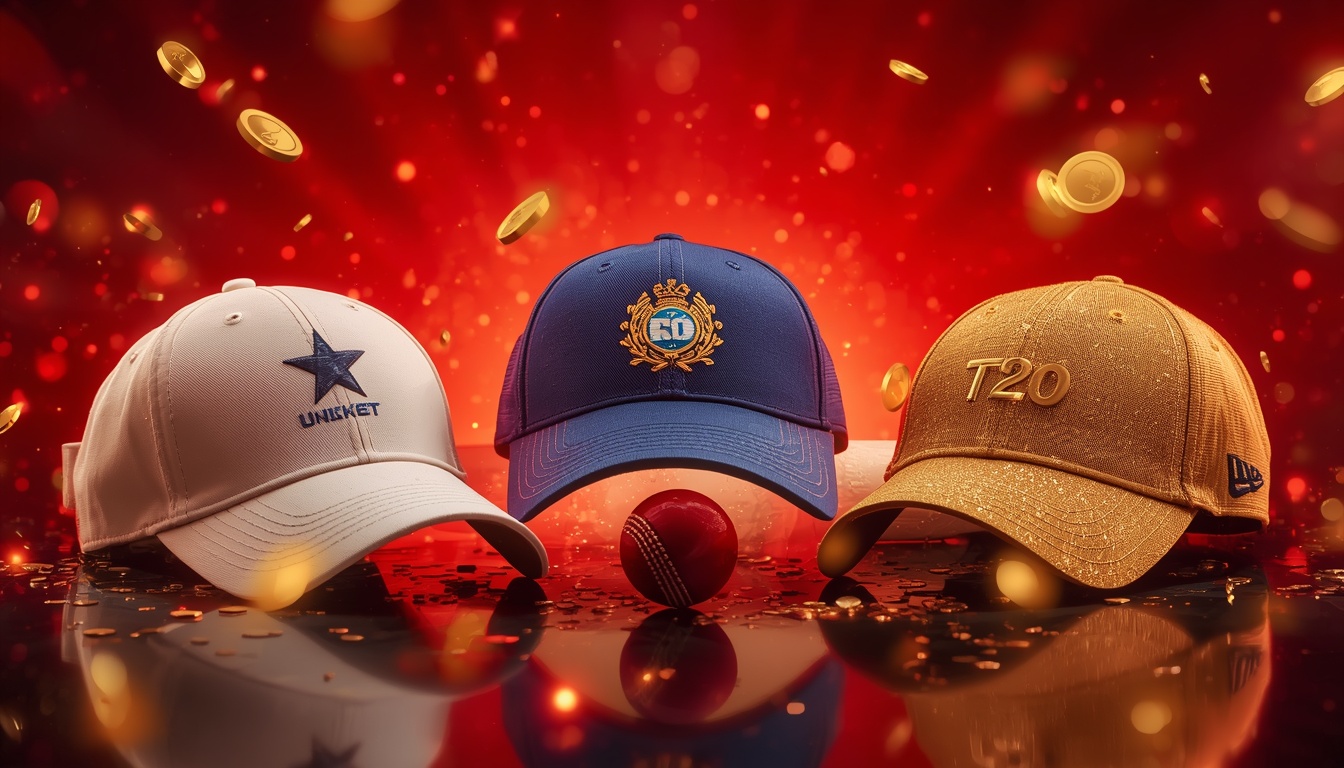 Three cricket caps representing Test ODI and T20 formats