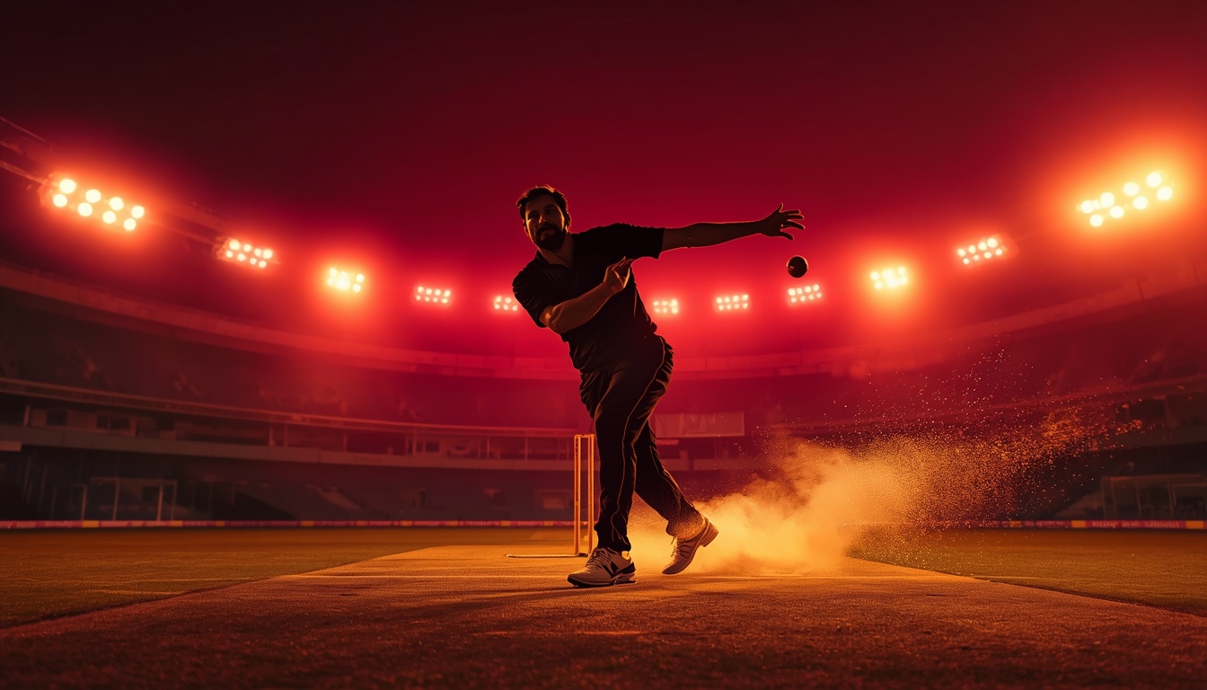 Cricket bowler mid delivery action under stadium lights