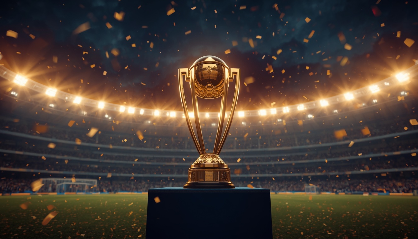 Golden cricket trophy glowing in a stadium at night