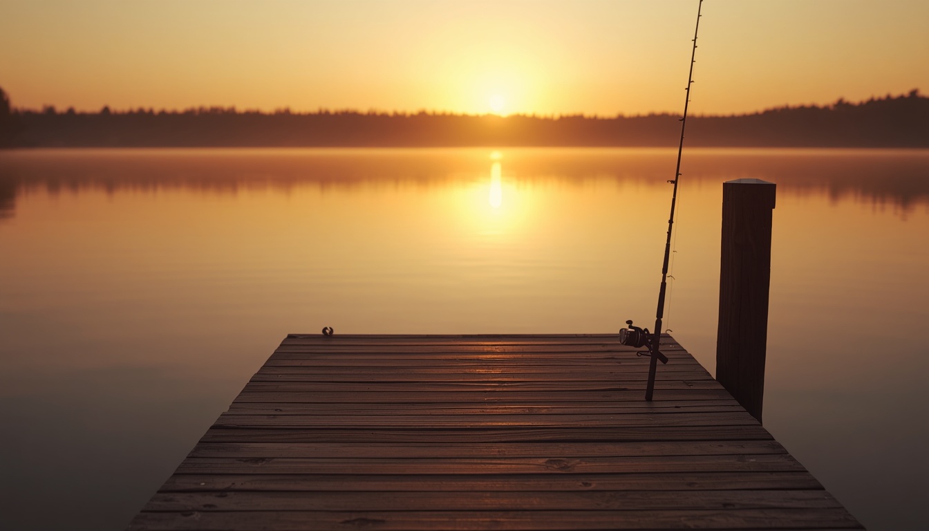 Peaceful dock by a calm lake at sunset with fishing rod