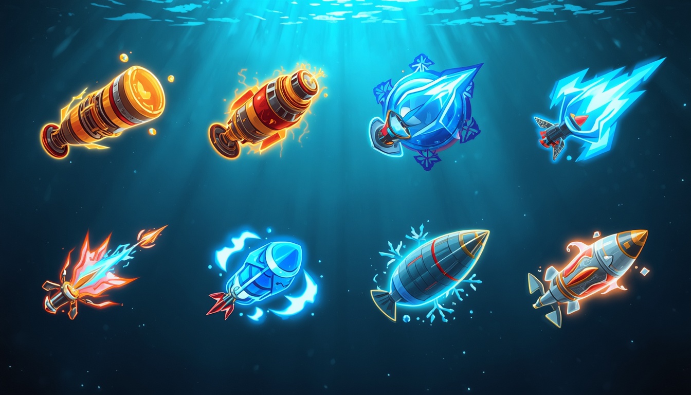 Arsenal of arcade fishing cannon upgrade and power-up icons on Bajilive
