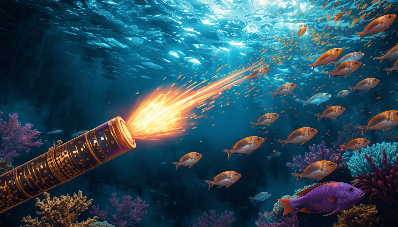 Glowing arcade fishing cannon firing energy blasts at colorful tropical fish on Bajilive