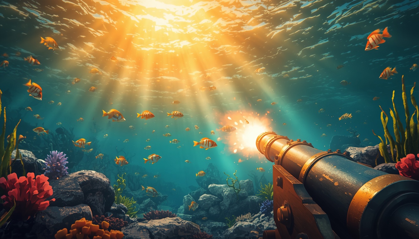 Welcoming underwater fishing arcade scene at sunrise with golden light on Bajilive