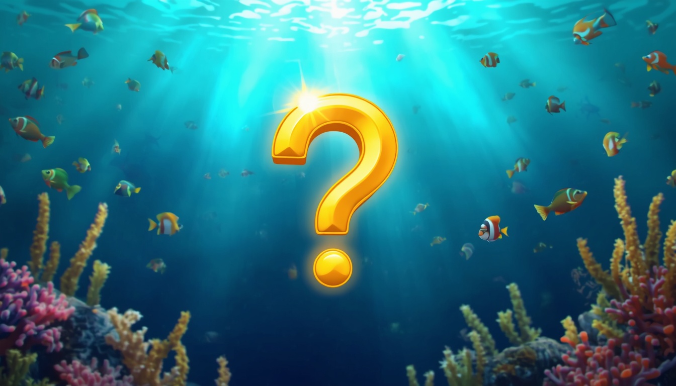 Glowing golden question mark underwater surrounded by curious fish, FAQ concept on Bajilive