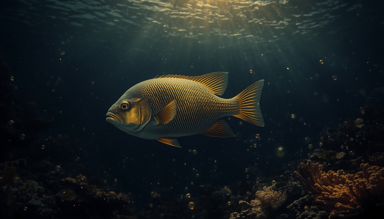 Large golden fish swimming through deep underwater ocean