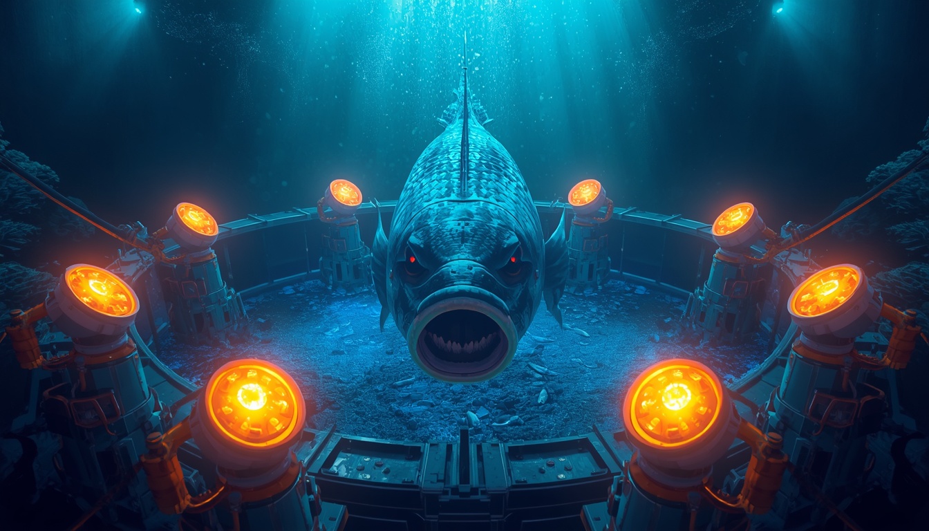Multiple glowing arcade cannons positioned around a shared underwater fishing arena on Bajilive