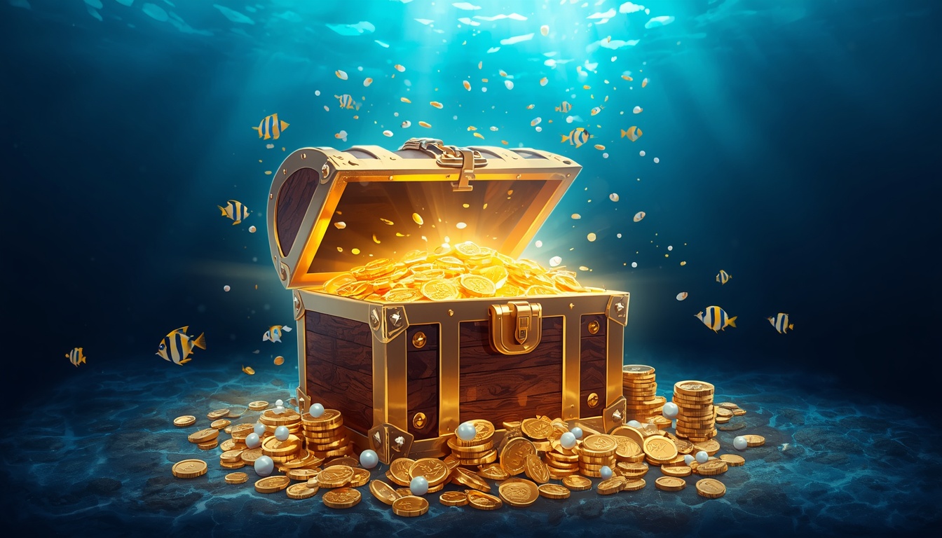 Glowing golden treasure chest bursting open underwater with gold coins on Bajilive
