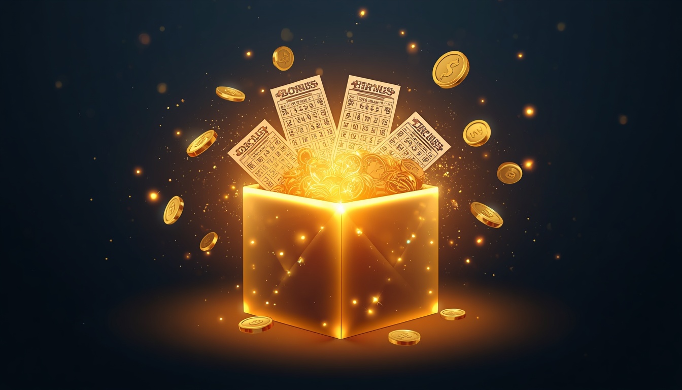 Glowing golden gift box overflowing with lottery tickets and coins on Bajilive