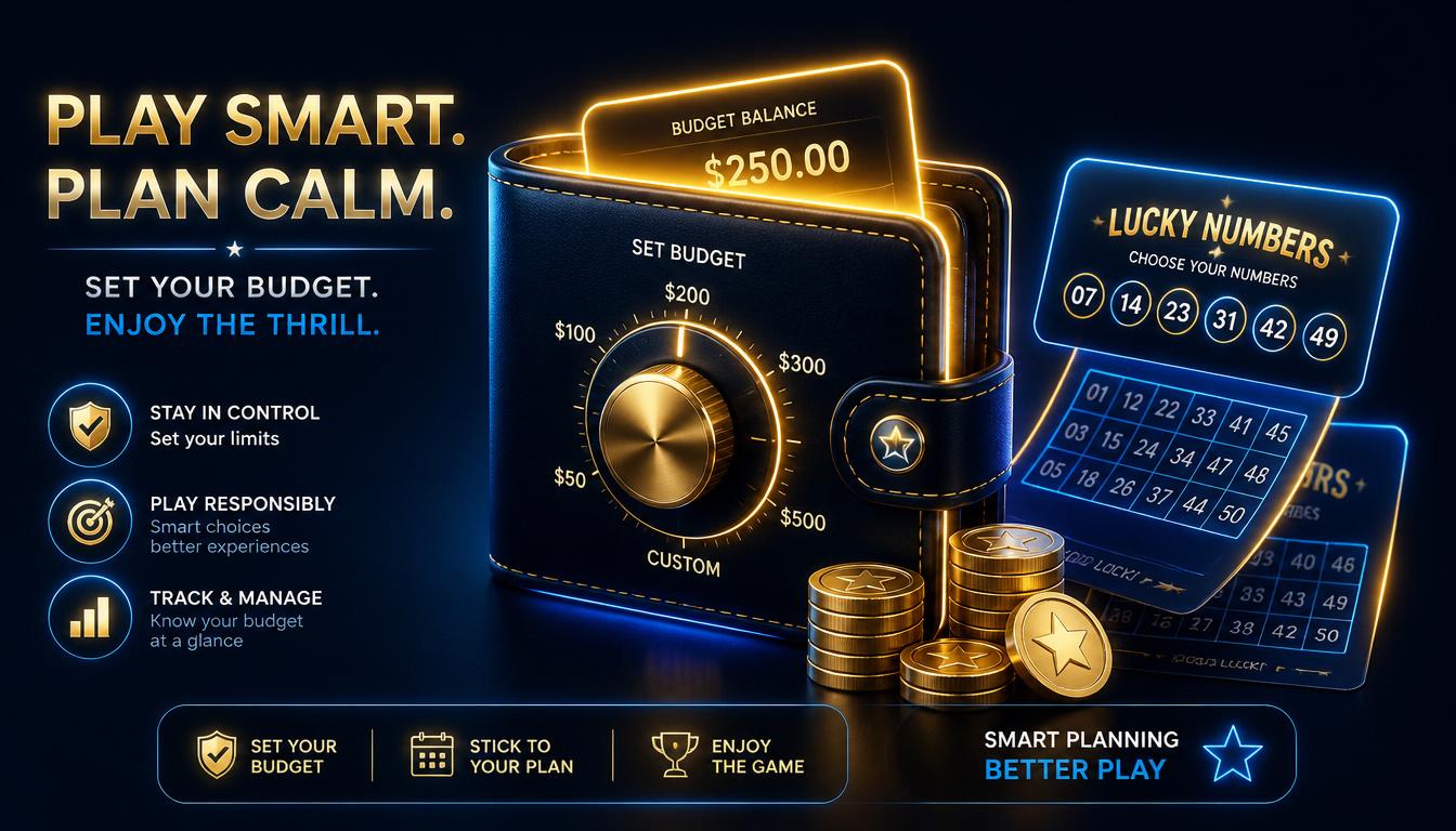Glowing wallet with a set budget dial beside lottery tickets on Bajilive