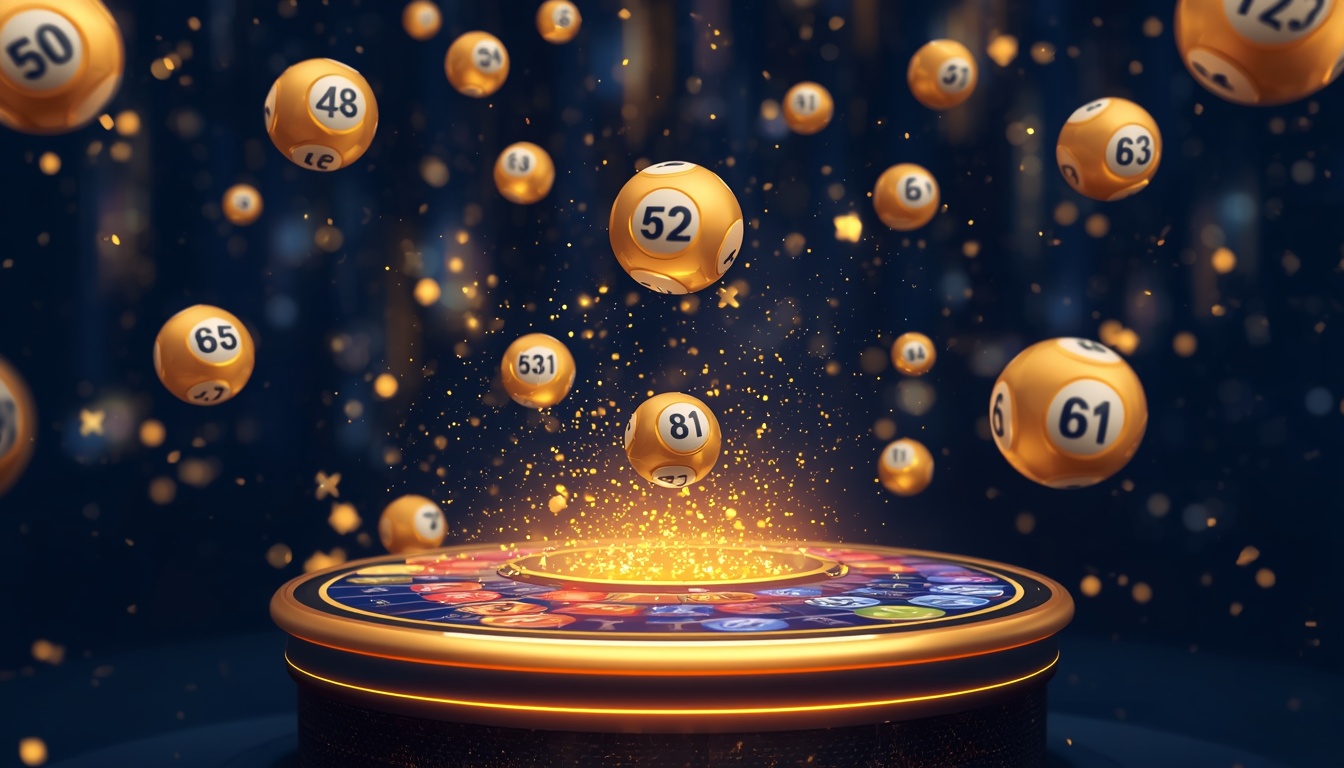 Vibrant lottery draw scene with glowing golden numbered balls on Bajilive