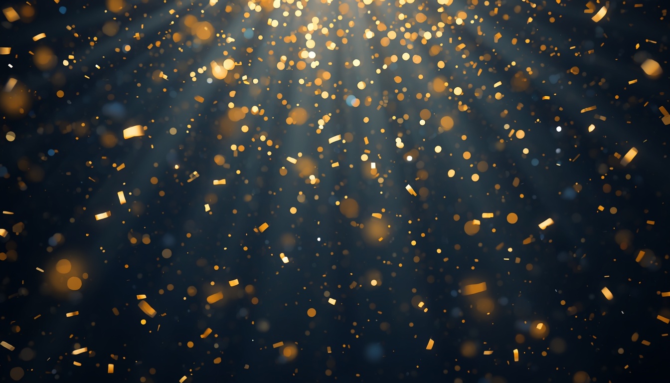 Golden confetti shower with sparkling light rays