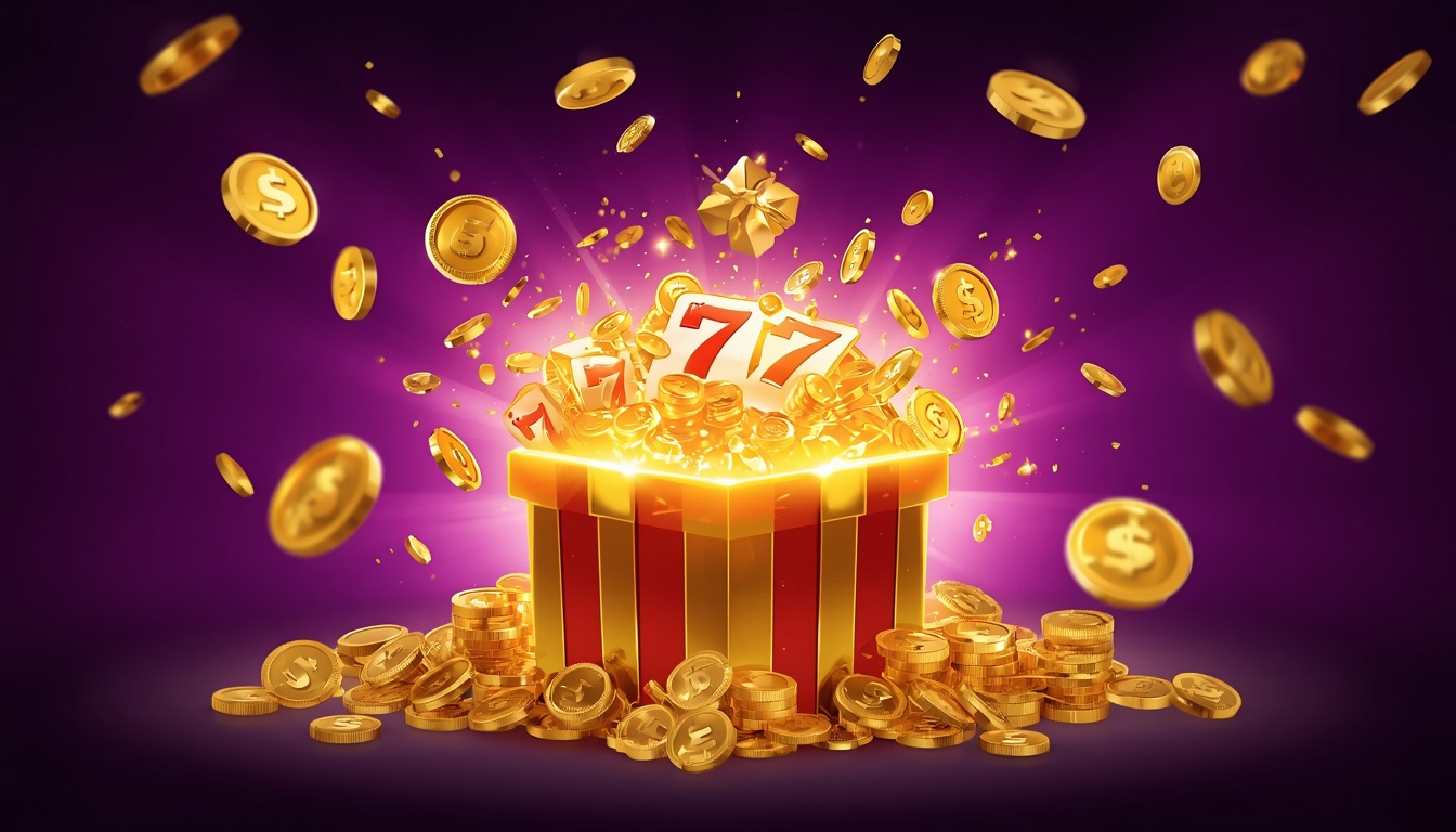 Golden gift box bursting with slot symbols and gold coins