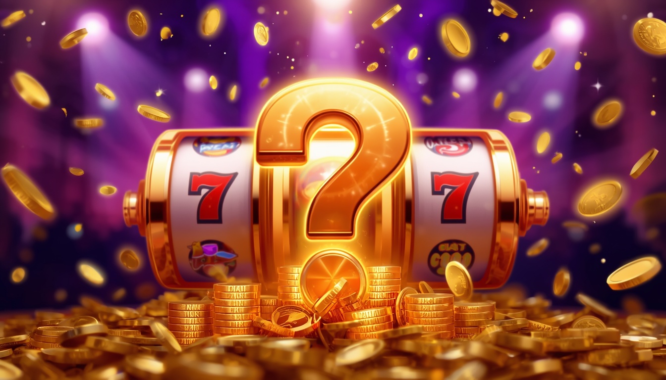 Golden question mark surrounded by slot machine reels