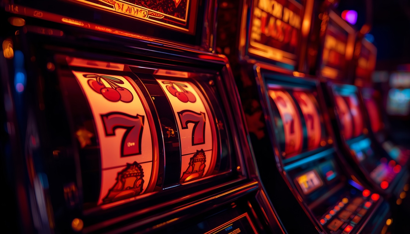 Classic slot machine reels glowing gold in the dark