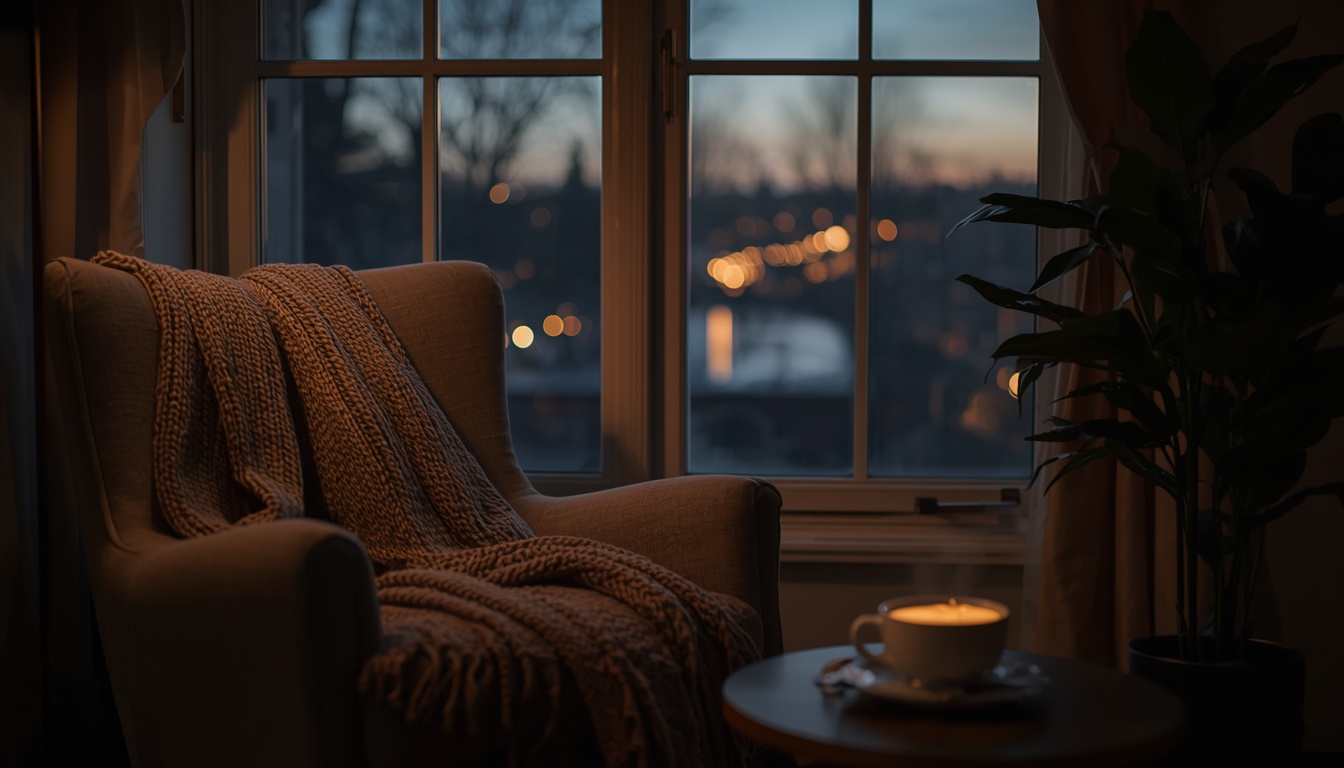 Cozy reading nook with armchair and warm blanket