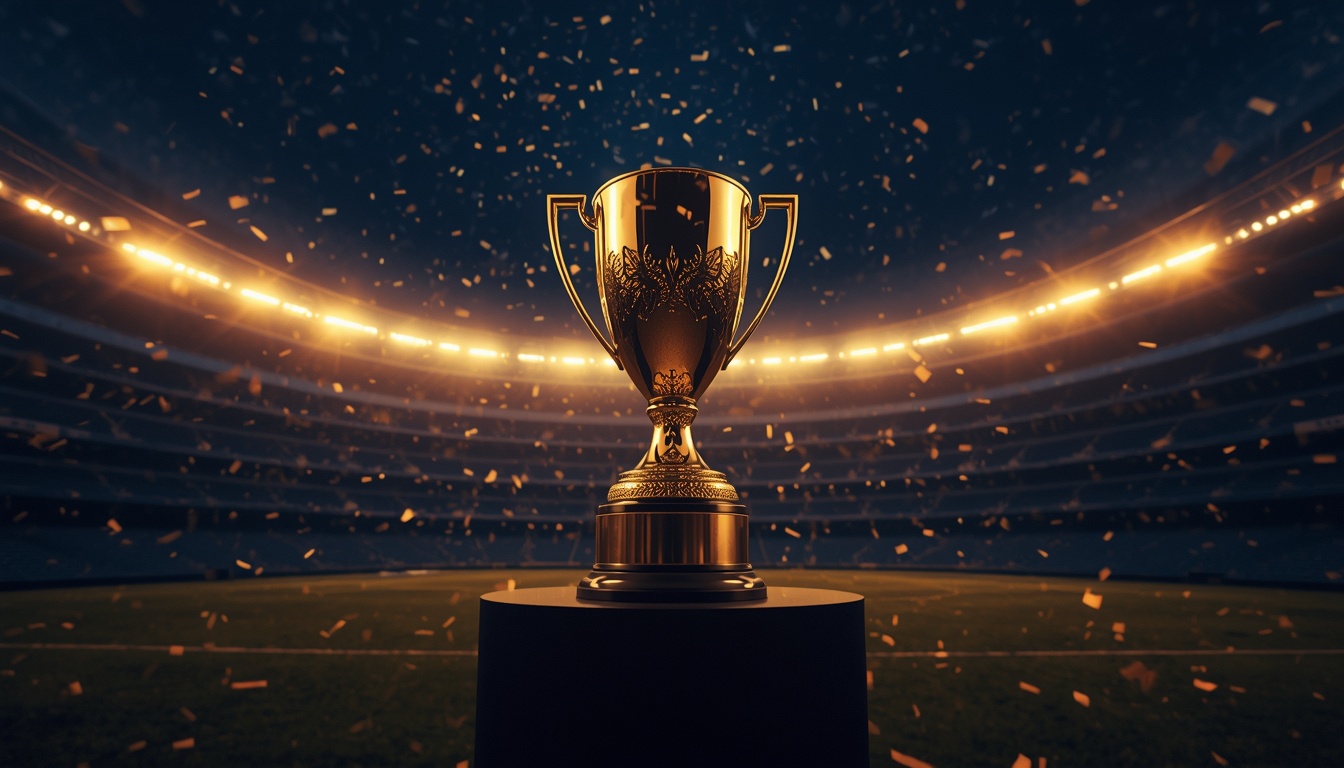 Golden trophy on a pedestal with confetti falling in an empty stadium