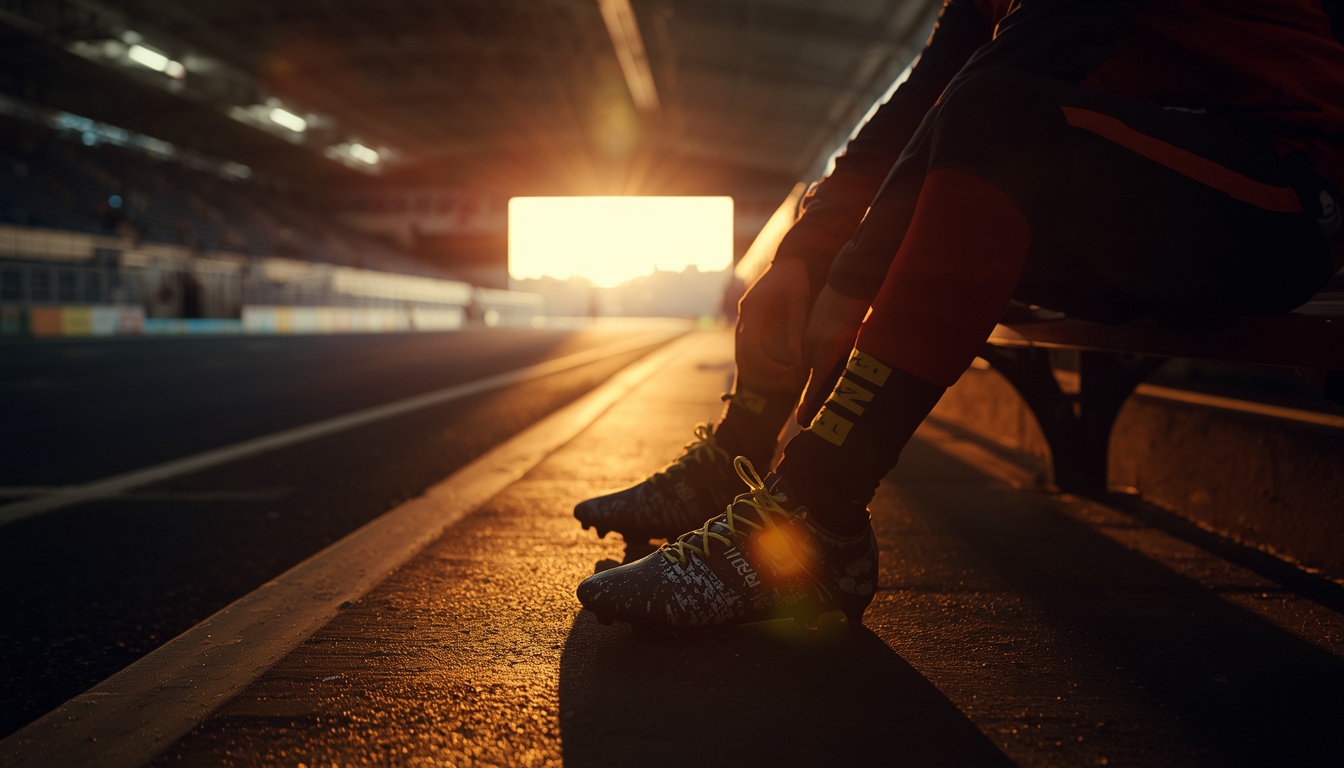 Hands lacing up football boots on a bench in a stadium tunnel