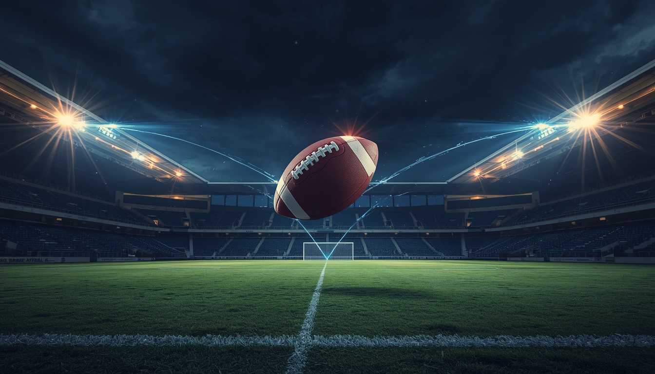 Empty football stadium at night with dazzling floodlights and a football in mid-air