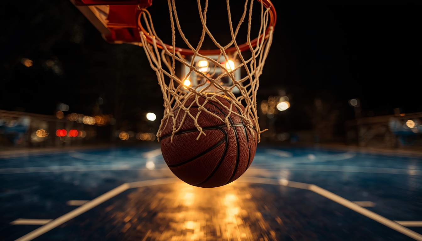 Basketball swishing through a glowing net on an outdoor court at night