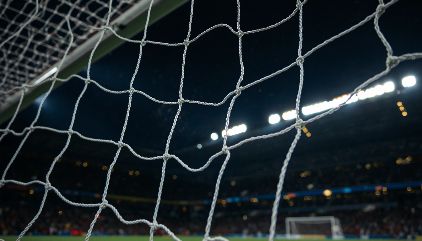 Football net rippling as a ball bursts through it at night