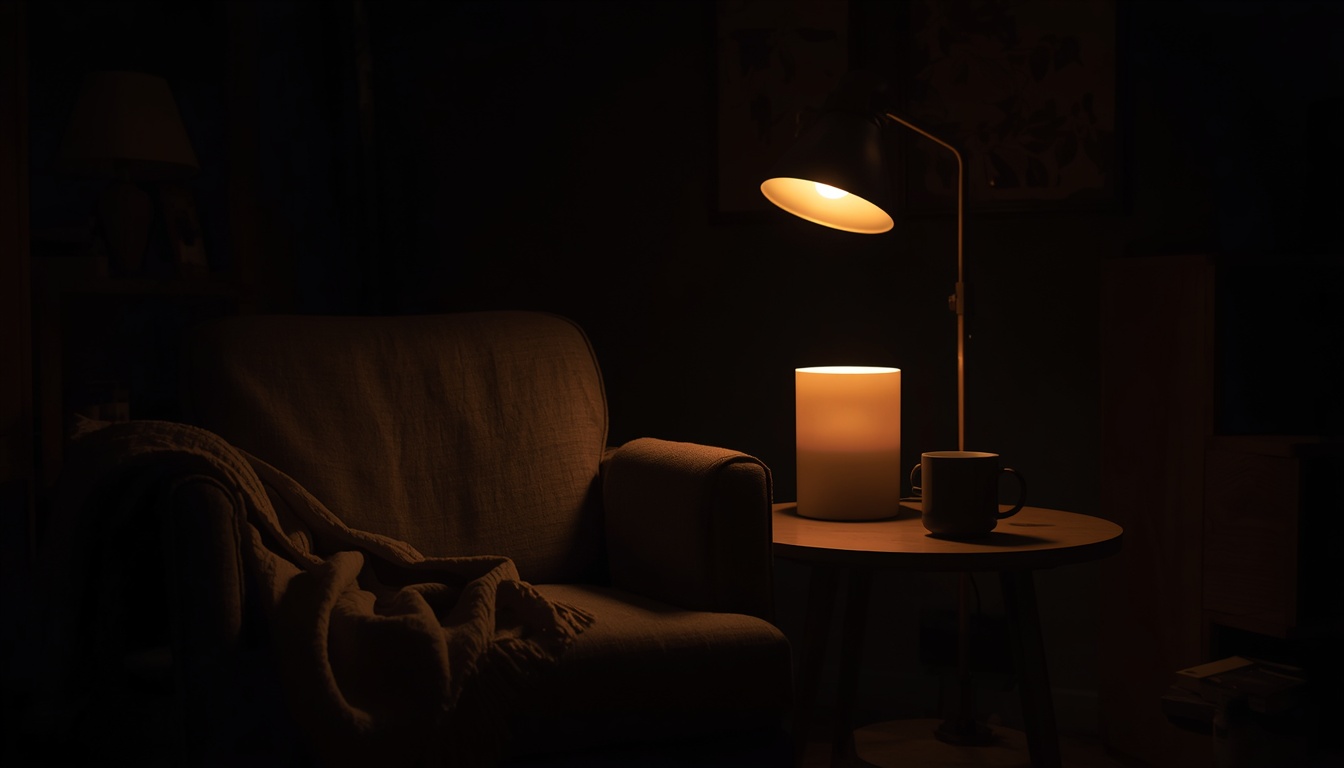 Cozy armchair beside a warm lamp with a blanket and mug of tea