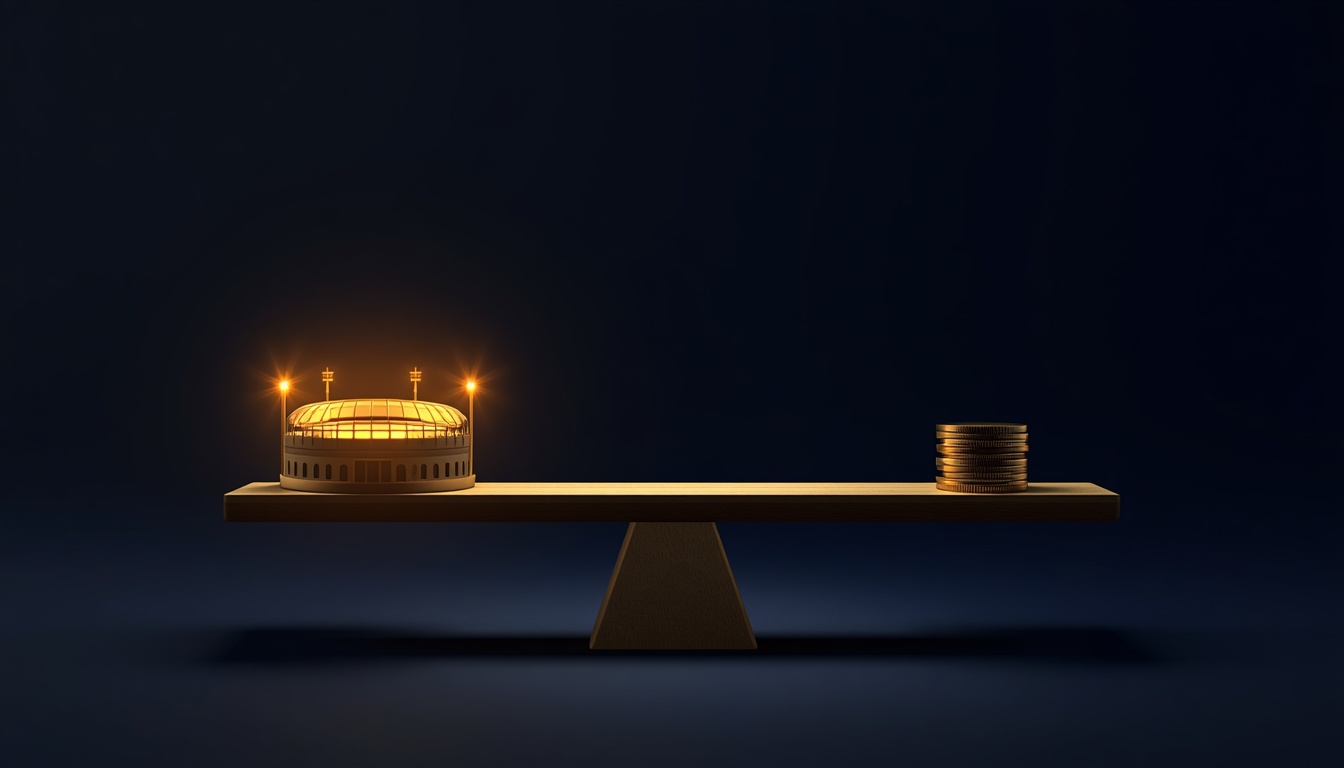 Calm balance scale with stadium silhouette, responsible betting concept on Bajilive